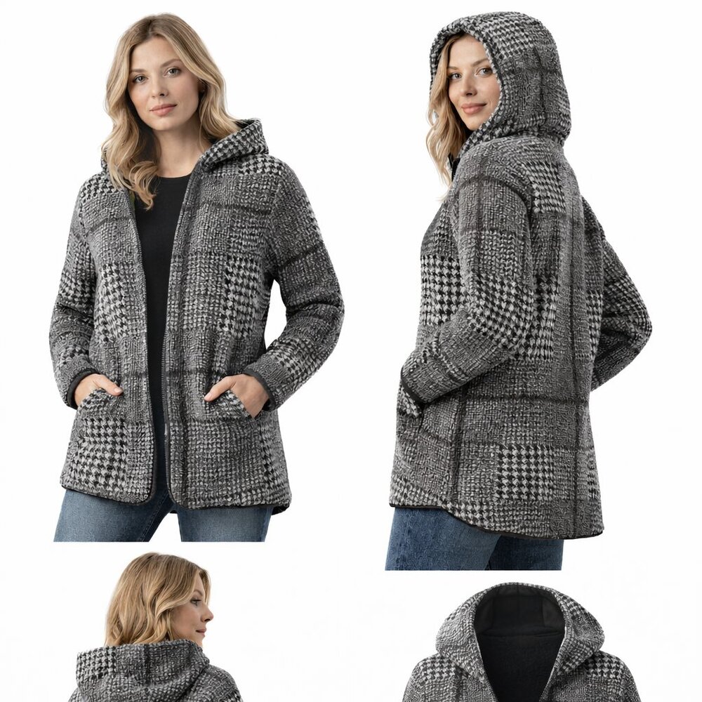 Hooded Houndstooth Plaid Cardigan Jacket Open Front Women’s Coatigan